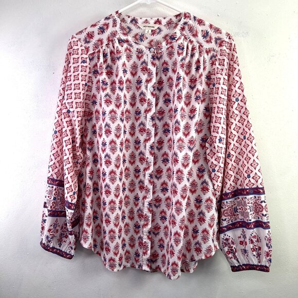 Lucky Brand Border Print Top Blouse S Red Blue Floral Boho Prairie 135645 - Picture 1 of 8